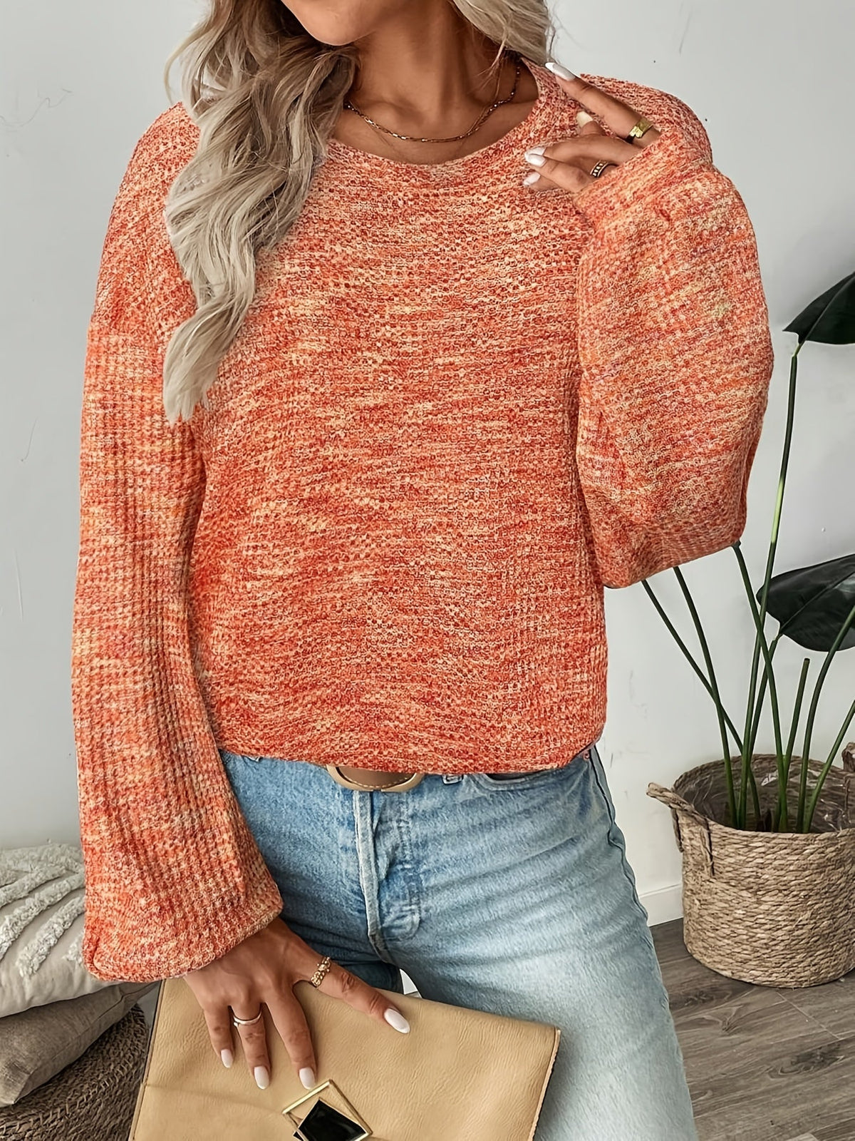 Maglione Donna Maniche a Sbuffo Nido d'Ape Arancione