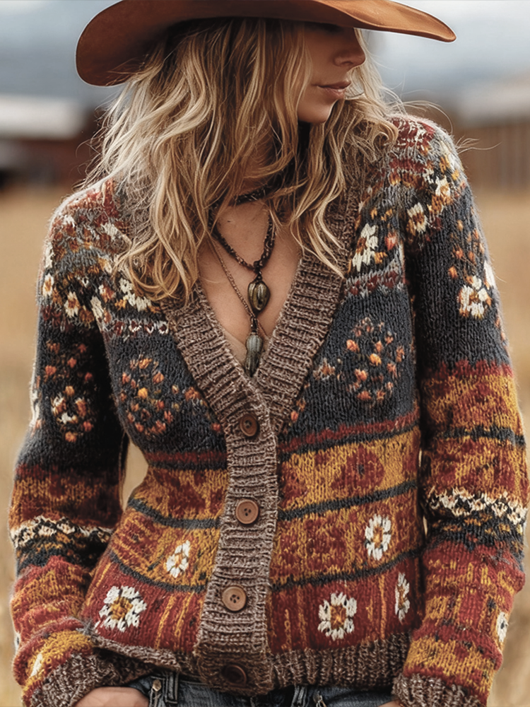 Cardigan Donna Boho a Fiori Scollo V