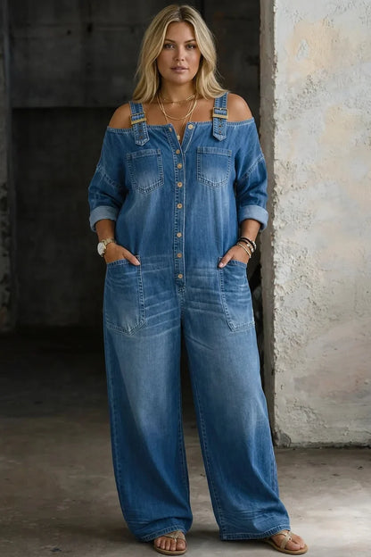Tuta Intera Donna Jeans Spalle Scoperte Palazzo