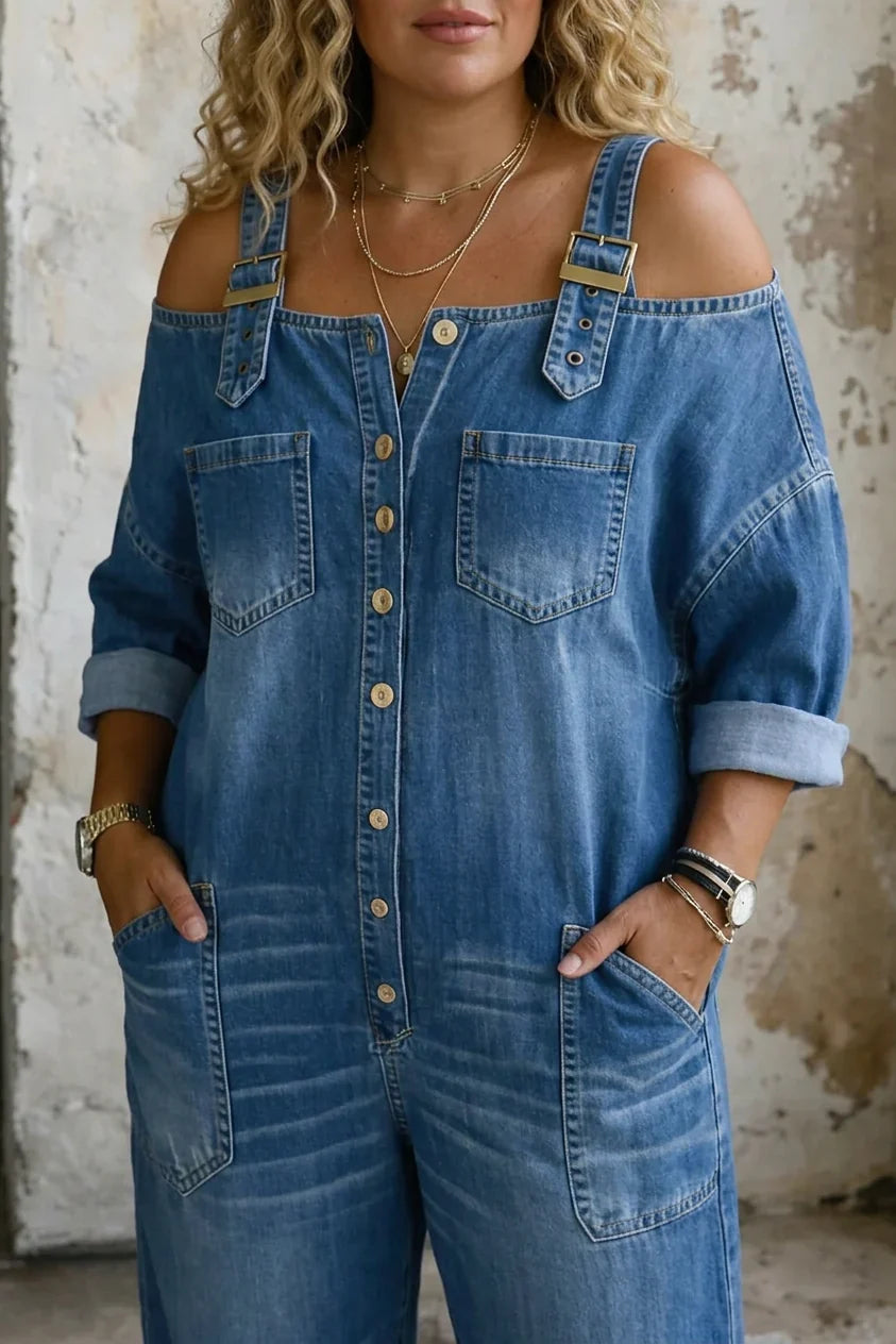 Tuta Intera Donna Jeans Spalle Scoperte Palazzo