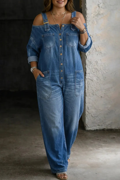 Tuta Intera Donna Jeans Spalle Scoperte Palazzo