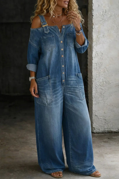 Tuta Intera Donna Jeans Spalle Scoperte Palazzo