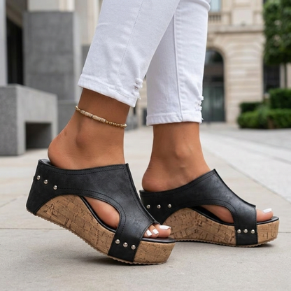 Sandali Donna Comodi Open Toe Alta Zeppa in Sughero con Borchie