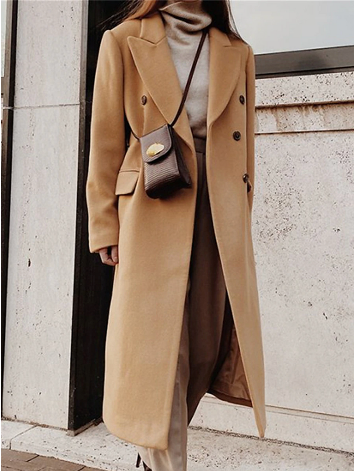 Cappotto Lungo Donna Doppiopetto con Cintura in Vita