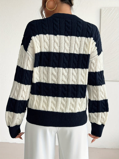 Maglione a Righe Donna Lavorato a Trecce Blu