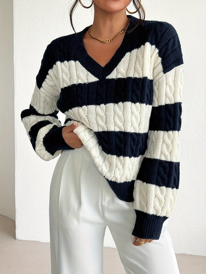 Maglione a Righe Donna Lavorato a Trecce Blu