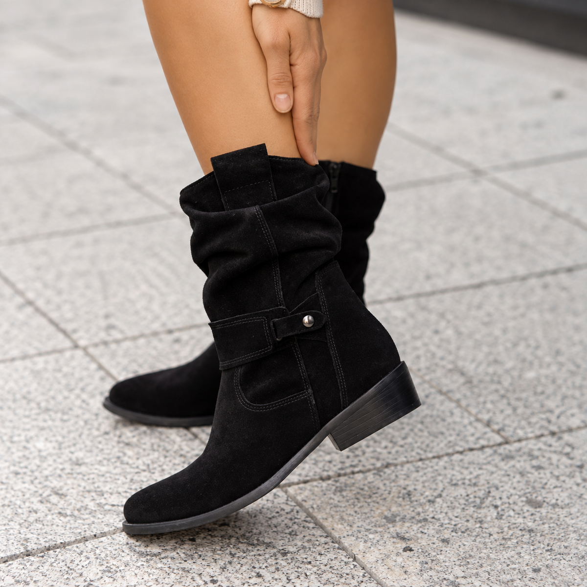 Stivaletti Donna Slouch Tacco Basso in Legno