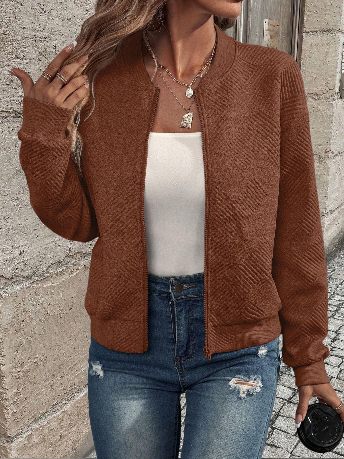 Cardigan Corto Donna con Zip Lavorato a Rombi