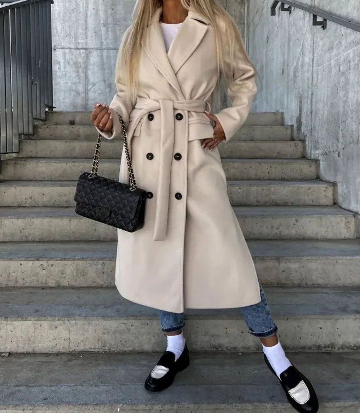 Cappotto Lungo Donna Doppiopetto Classico con Revers