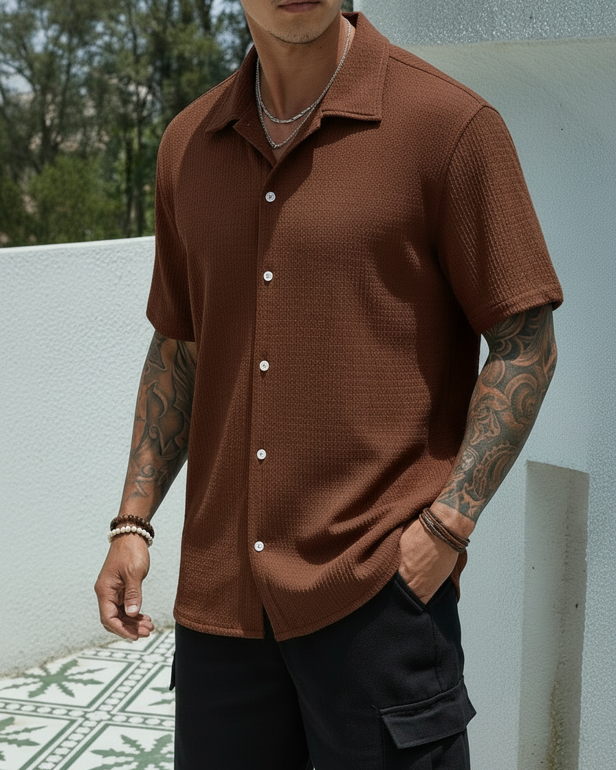 Uomo Camicia Classica Manica Corta Tinta Unita Leggera