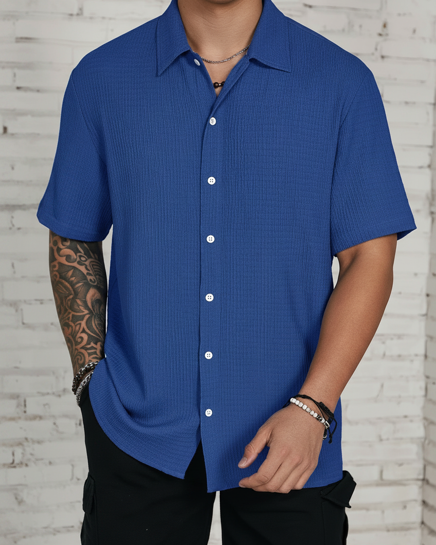 Uomo Camicia Classica Manica Corta Tinta Unita Leggera