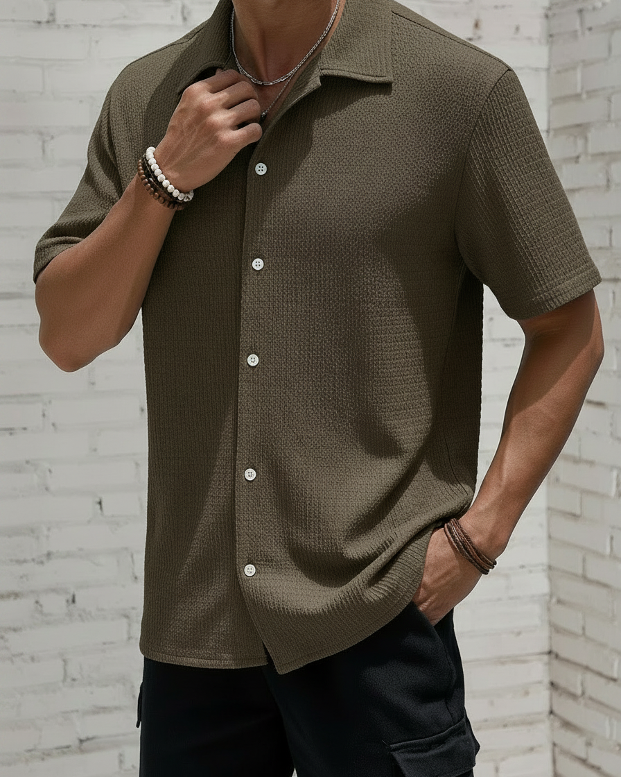 Uomo Camicia Classica Manica Corta Tinta Unita Leggera