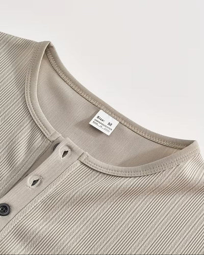 Uomo Estivo Manica Corta Sottile a Righe Maglietta Henley
