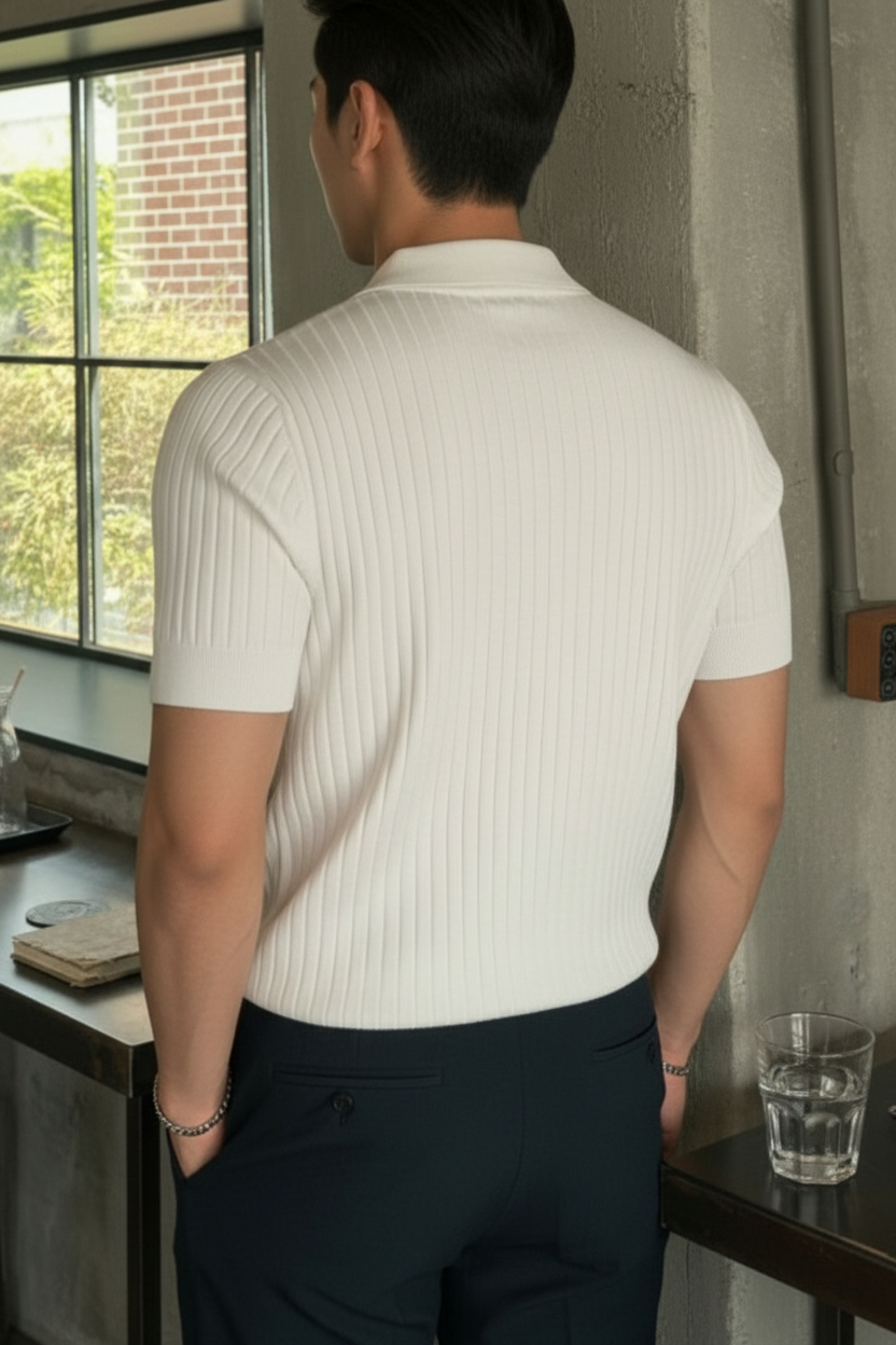 Uomo Polo Estiva Manica Corta a Righe Strutturata