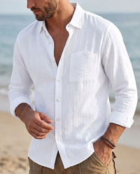 Uomo Vintage Traspirante Lino Camicia Manica Lunga