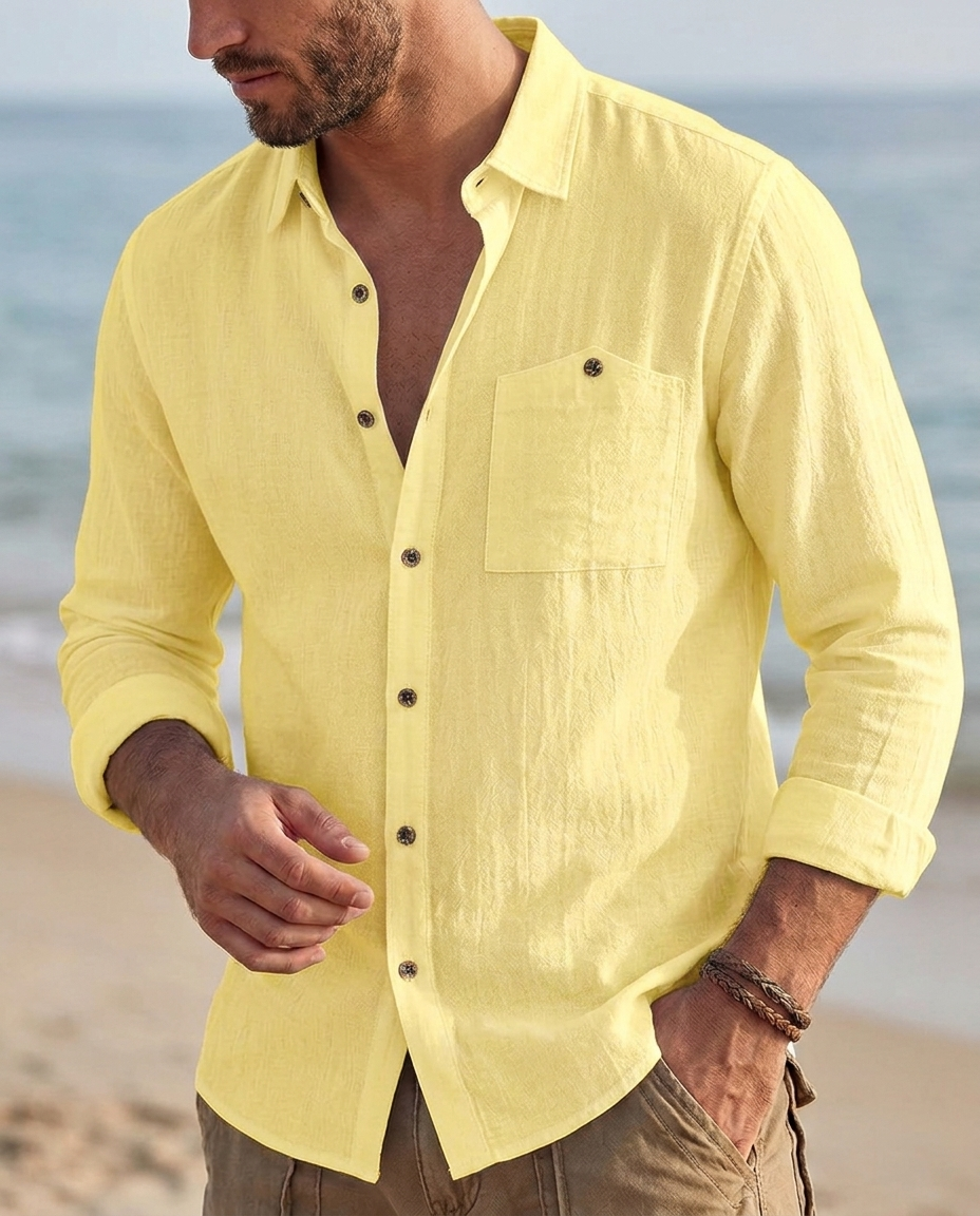 Uomo Vintage Traspirante Lino Camicia Manica Lunga