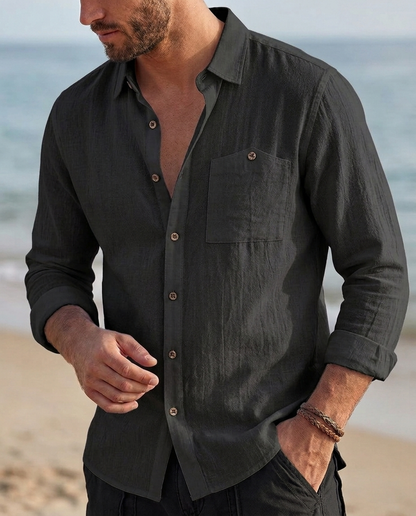 Uomo Vintage Traspirante Lino Camicia Manica Lunga