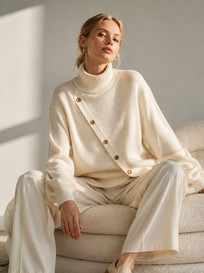 Maglione Dolcevita Donna Oversize con Bottoni in Legno
