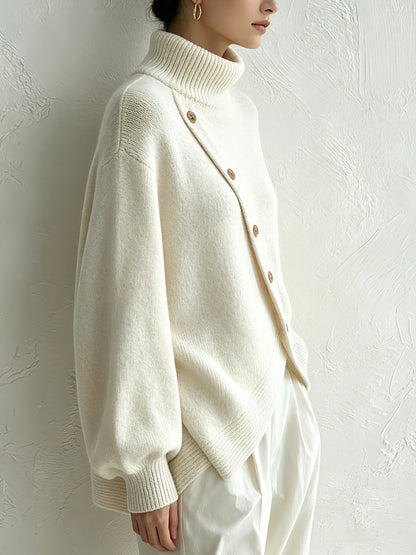Maglione Dolcevita Donna Oversize con Bottoni in Legno