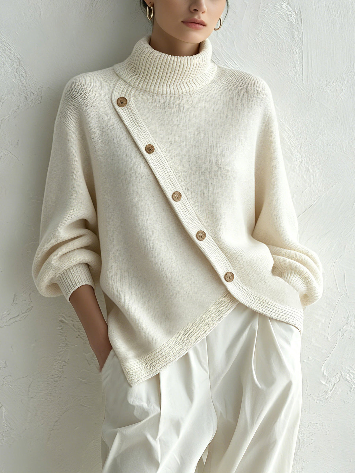 Maglione Dolcevita Donna Oversize con Bottoni in Legno
