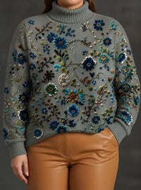 Maglione Dolcevita Donna Oversize Ricamo Fiori Maglia