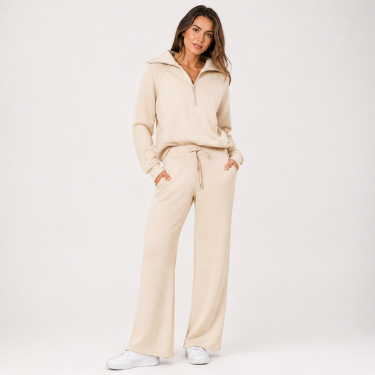 Completo da casa da donna con felpa con cappuccio e zip a gamba larga