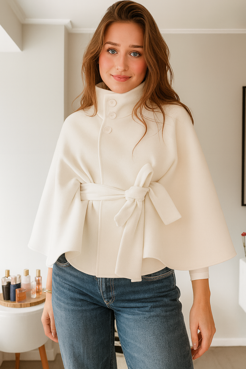 Cappotto Mantella Donna con Cintura Collo Alto