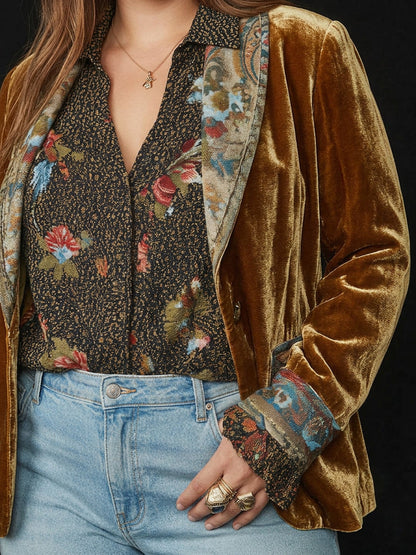 Blazer Donna Sartoriale Patchwork Floreale Marrone
