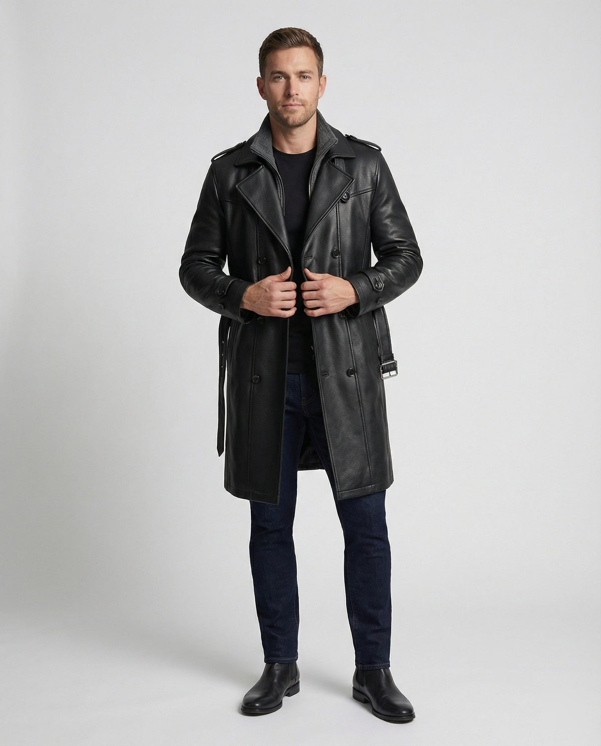 Trench Uomo Doppiopetto Nero Slim con Spalline