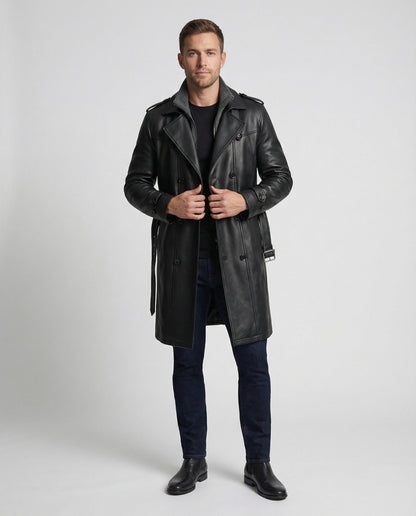 Trench Uomo Doppiopetto Nero Slim con Spalline