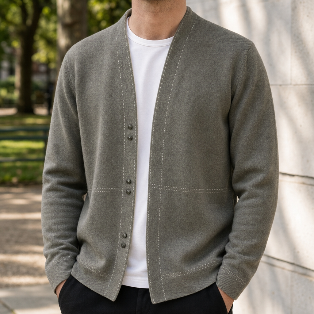 Cardigan Uomo Scollo a V Cuciture a Contrasto