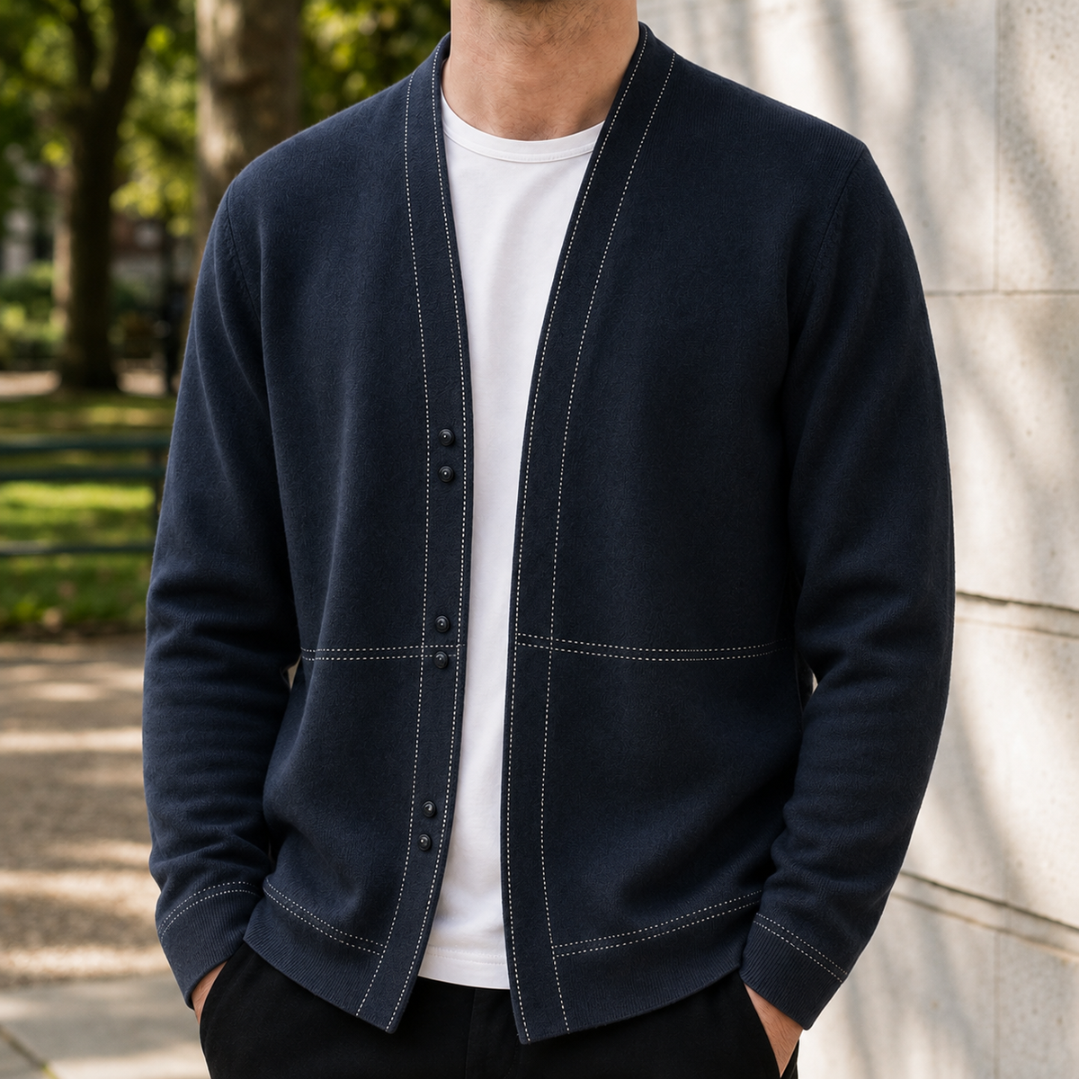 Cardigan Uomo Scollo a V Cuciture a Contrasto