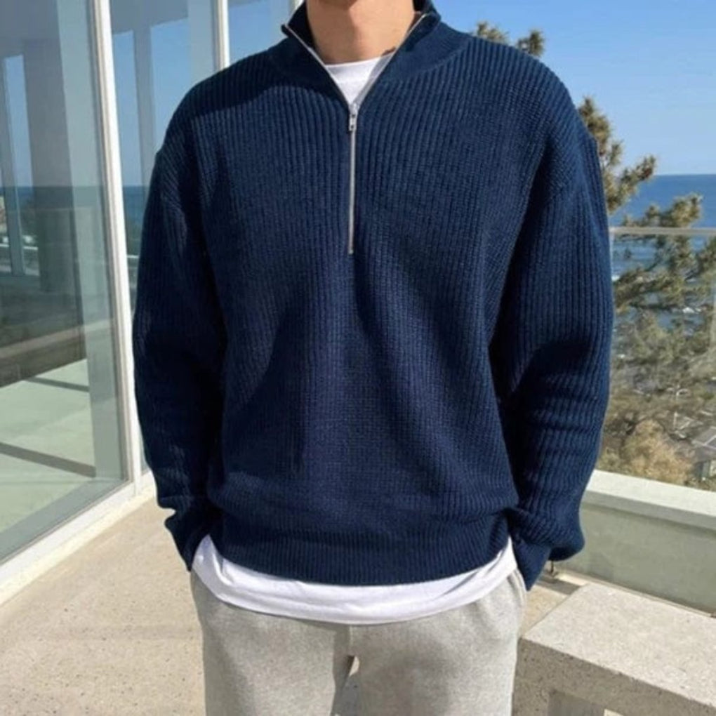 Maglione Uomo Mezza Zip a Coste Collo Alto