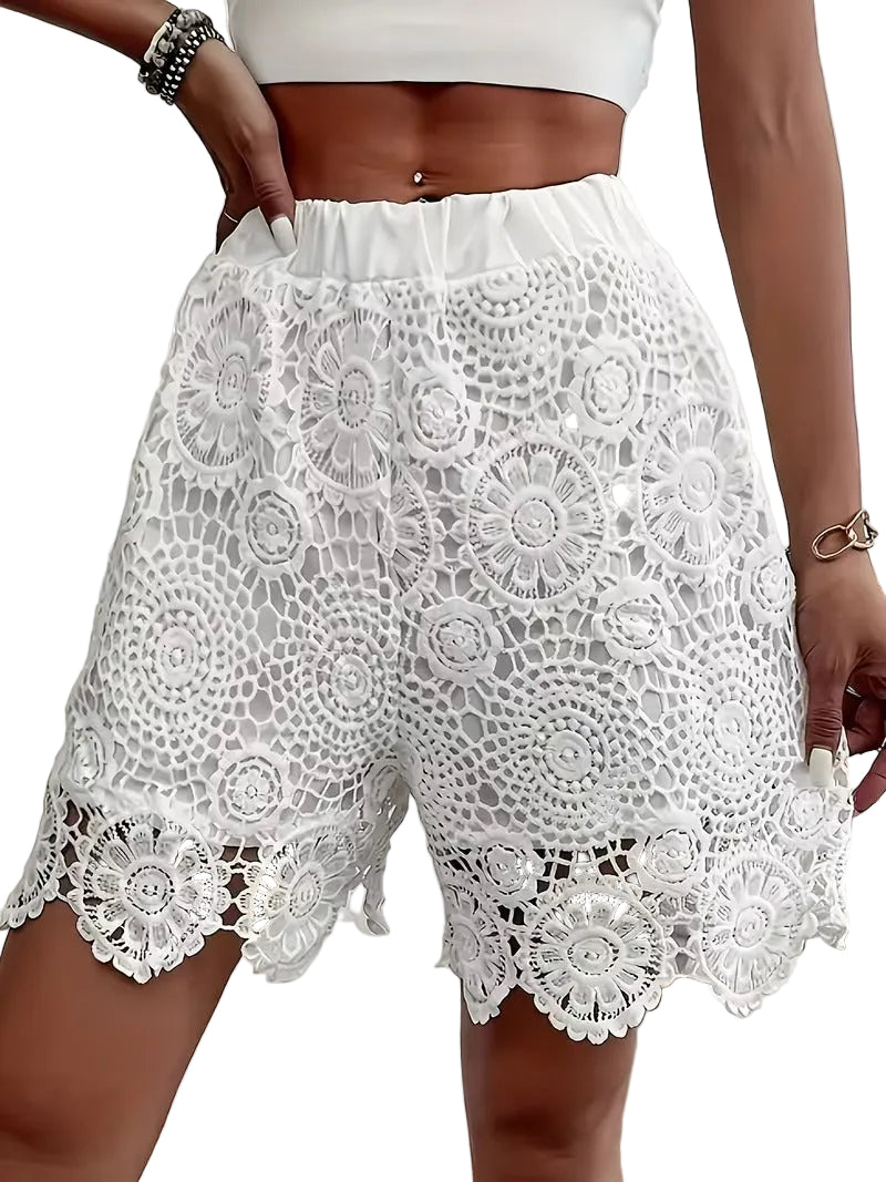 Pantaloncini da donna a vita alta in pizzo floreale