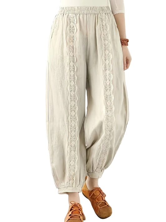 Pantaloni da donna con vita elasticizzata e inserti in pizzo