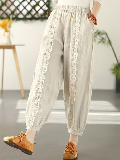 Pantaloni da donna con vita elasticizzata e inserti in pizzo