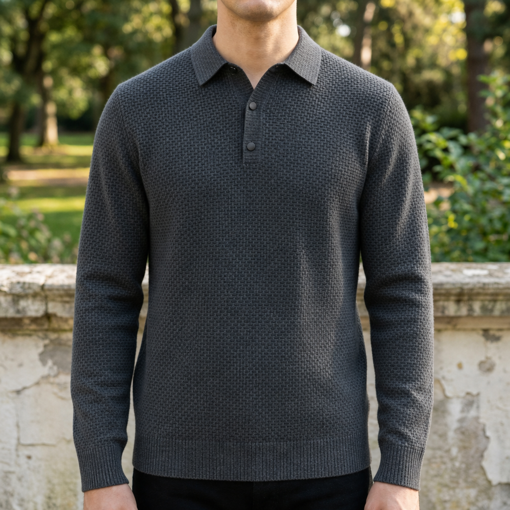 Polo Uomo Manica Lunga Testurizzata Vestibilità Dritta