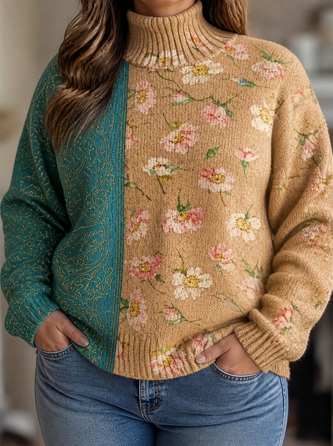 Maglione Dolcevita Donna Ricamo Floreale Manica Palloncino