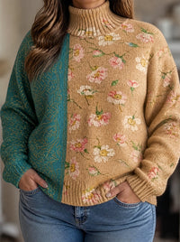 Maglione Dolcevita Donna Ricamo Floreale Manica Palloncino