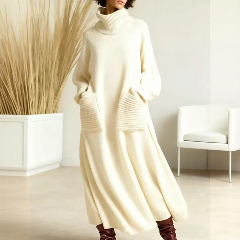 Abito Maglione Donna Lungo Collo Alto con Tasche