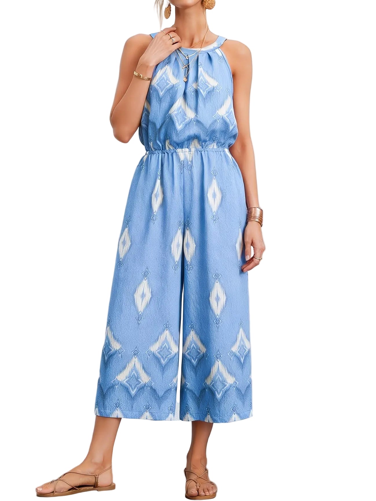 Tuta intera da donna con collo all’americana e gambe ampie cropped