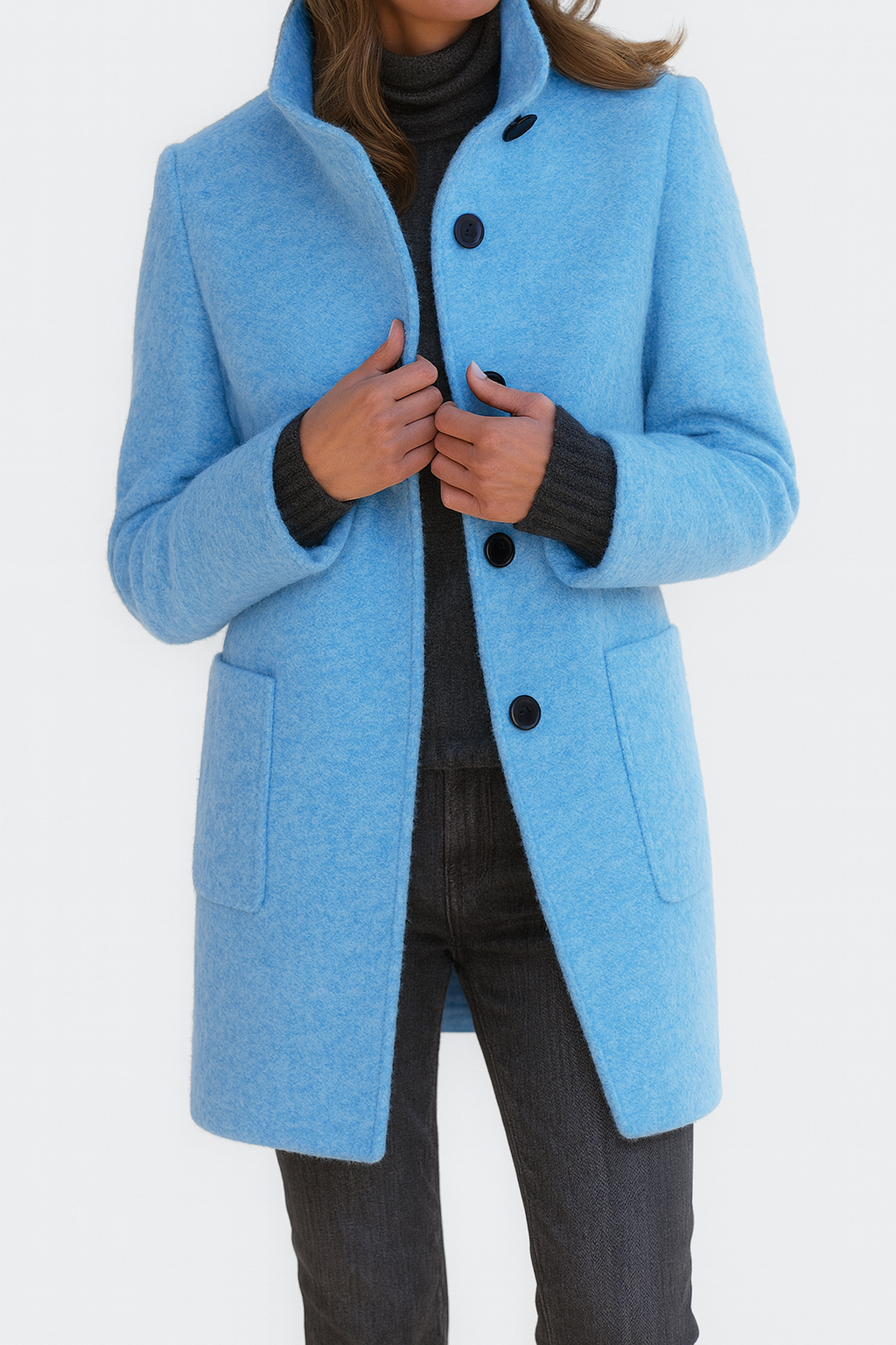 Cappotto Donna Collo alla Coreana con Tasche Applicate