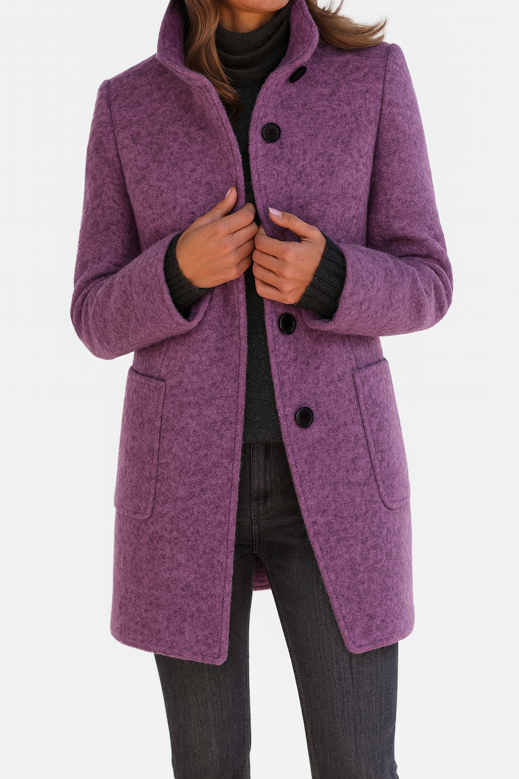 Cappotto Donna Collo alla Coreana con Tasche Applicate