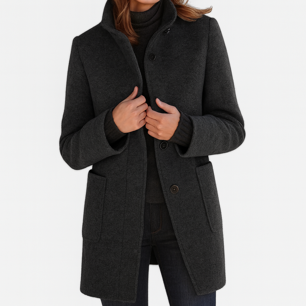 Cappotto Donna Collo alla Coreana con Tasche Applicate